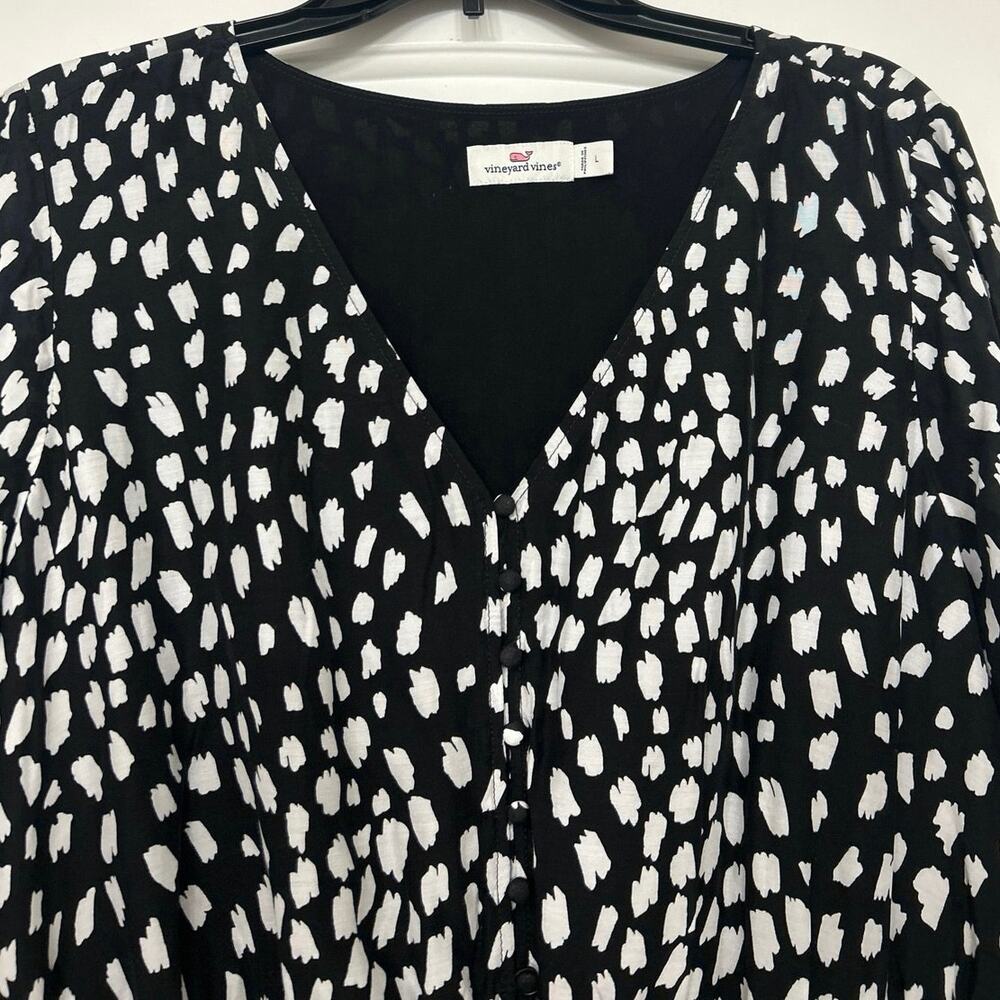Vineyard Vines Black White Silk Blend Dress Large V Neck Long Sleeve Ruffle Hem - Picture 11 of 16